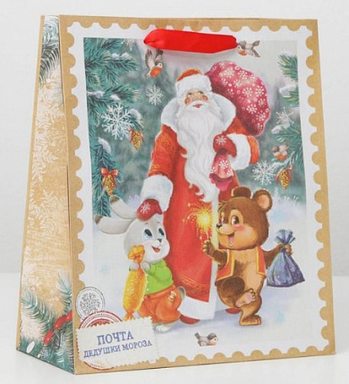 Пакет крафтовый вертикальный Дедушка мороз и зверята ML 23×27×11,5см